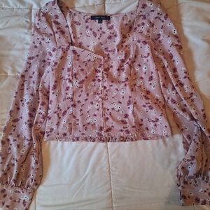 Love Tree Mauve Pink Floral Square-Neck Button Blouse